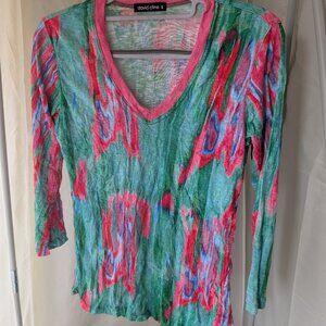 David Cline S Vibrant Abstract Print Top • Turquoise Pink Artsy Boho 3/4 Sleev